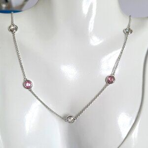 Dainty Sterling Silver Elegant Feminine Pink Round Crystal Chain Necklace